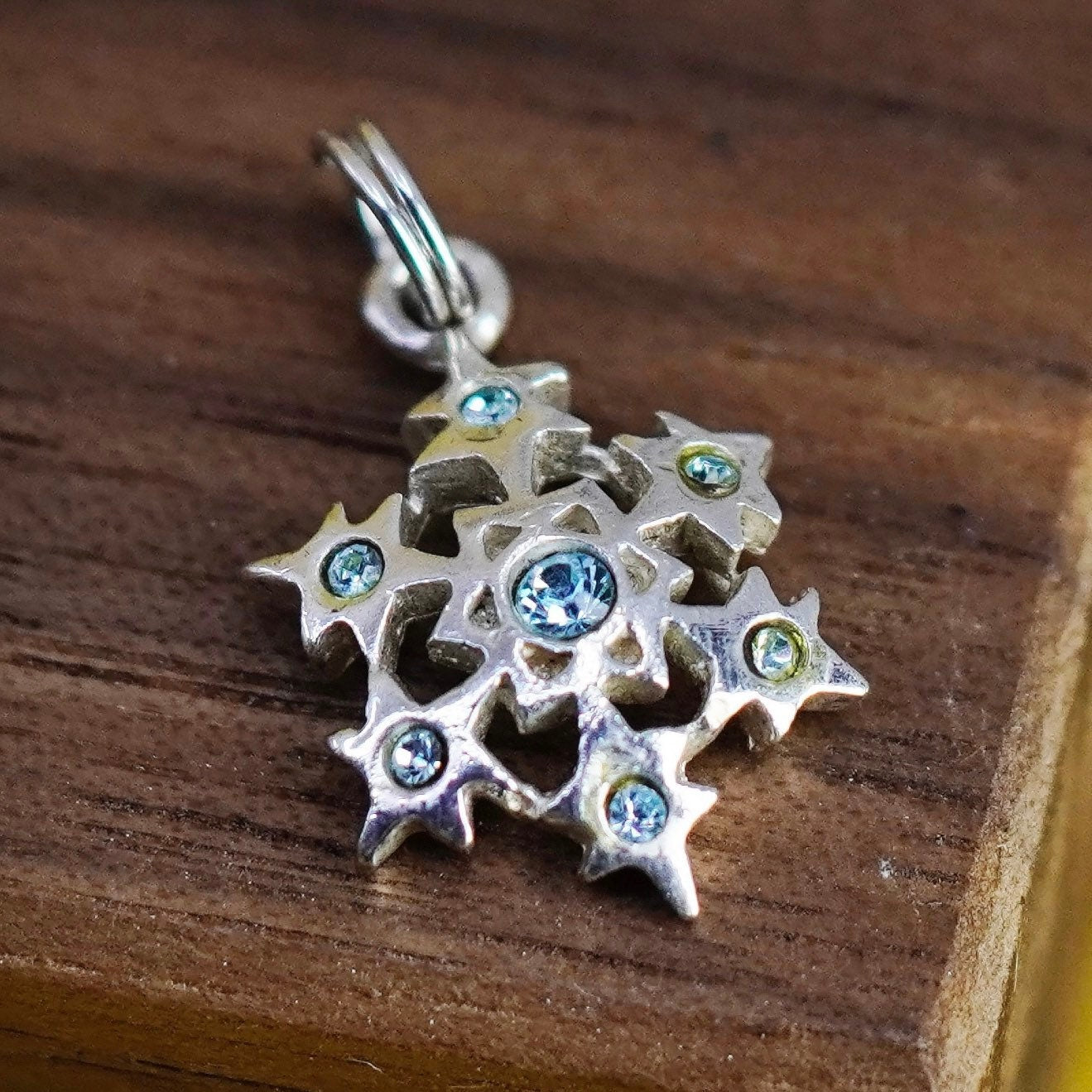 Vintage Sterling silver handmade charm, 925 snowflake pendant with blue crystal