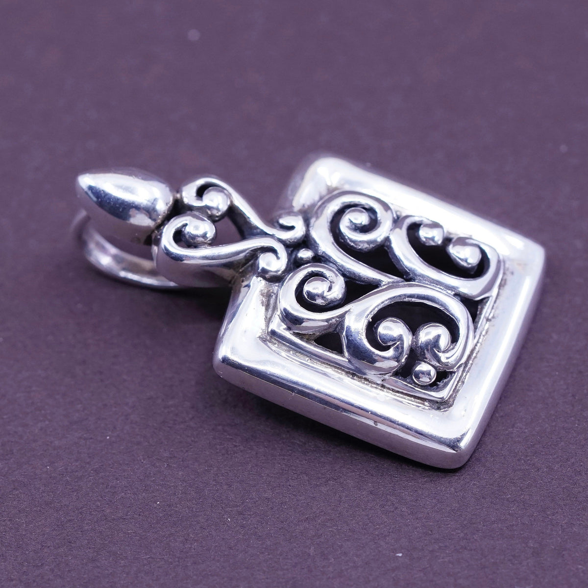 Vintage Sterling silver handmade pendant, 925 square with Bali filigree