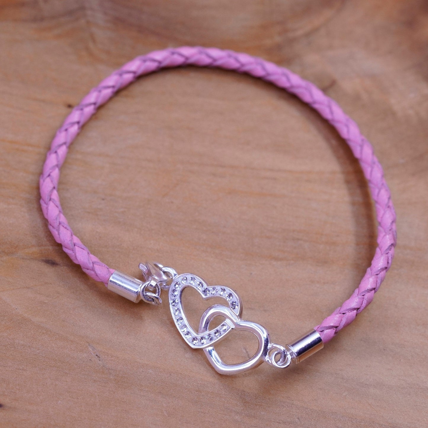 7”, braided woven leather bracelet with sterling 925 silver double heart charm