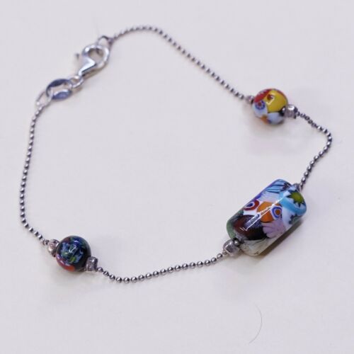 6.5”, Vtg Sterling Silver Handmade Bracelet, 925 Beads W/ Murano Glass Beads