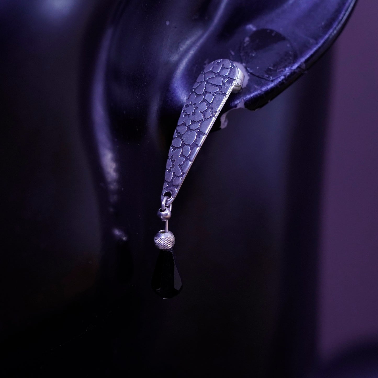 Vintage Sterling silver handmade earrings, textured 925 teardrop with obsidian