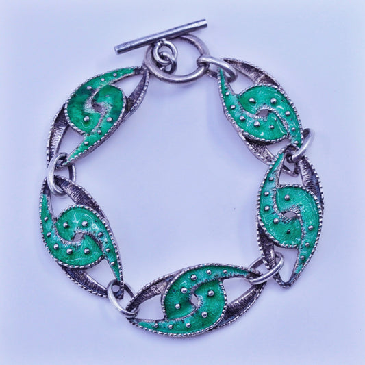 7”, Vintage Sterling 800 silver handmade bracelet, green enamel tornado links