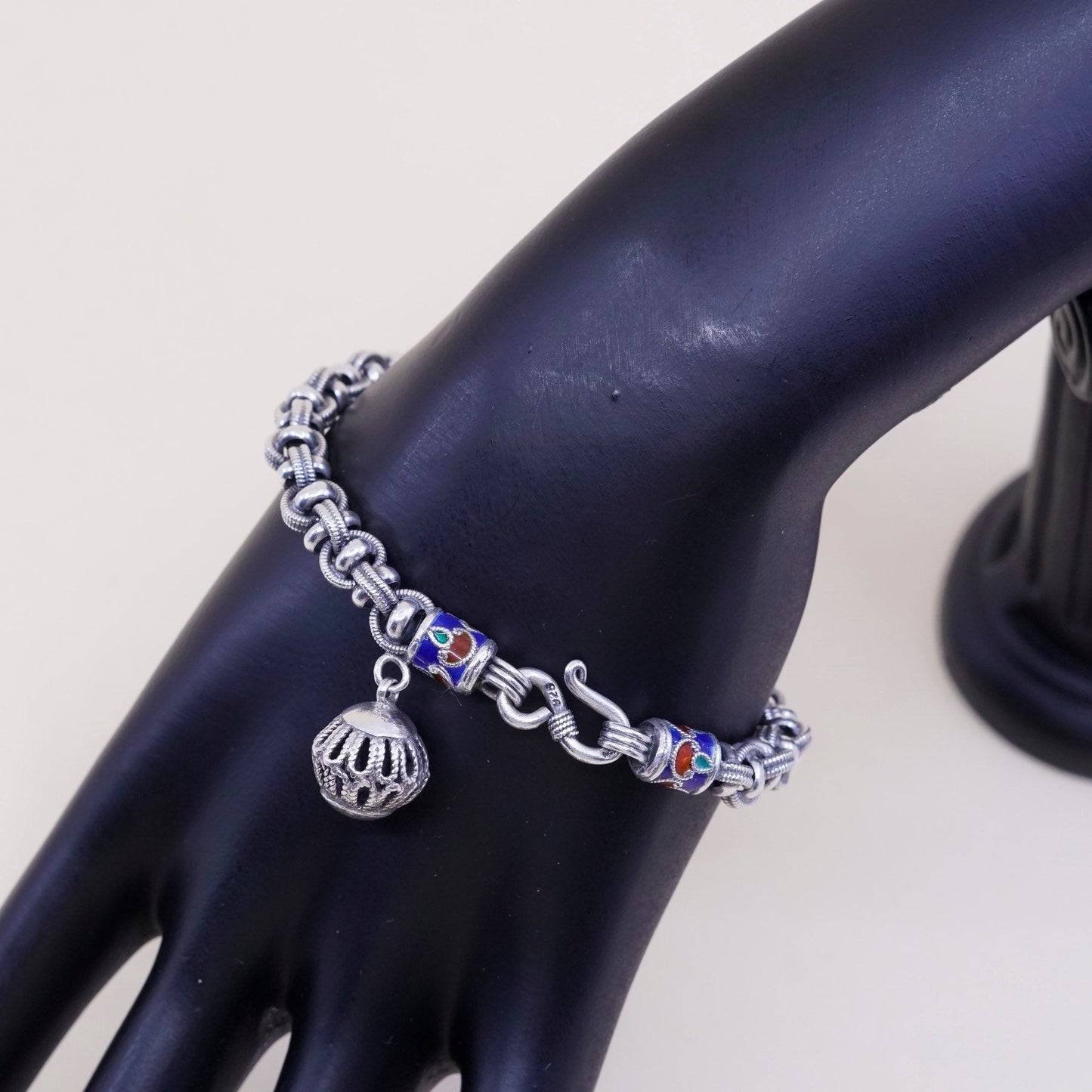 6.75, 7mm, bold Sterling 925 silver handmade bracelet, Byzantine birdcage chain