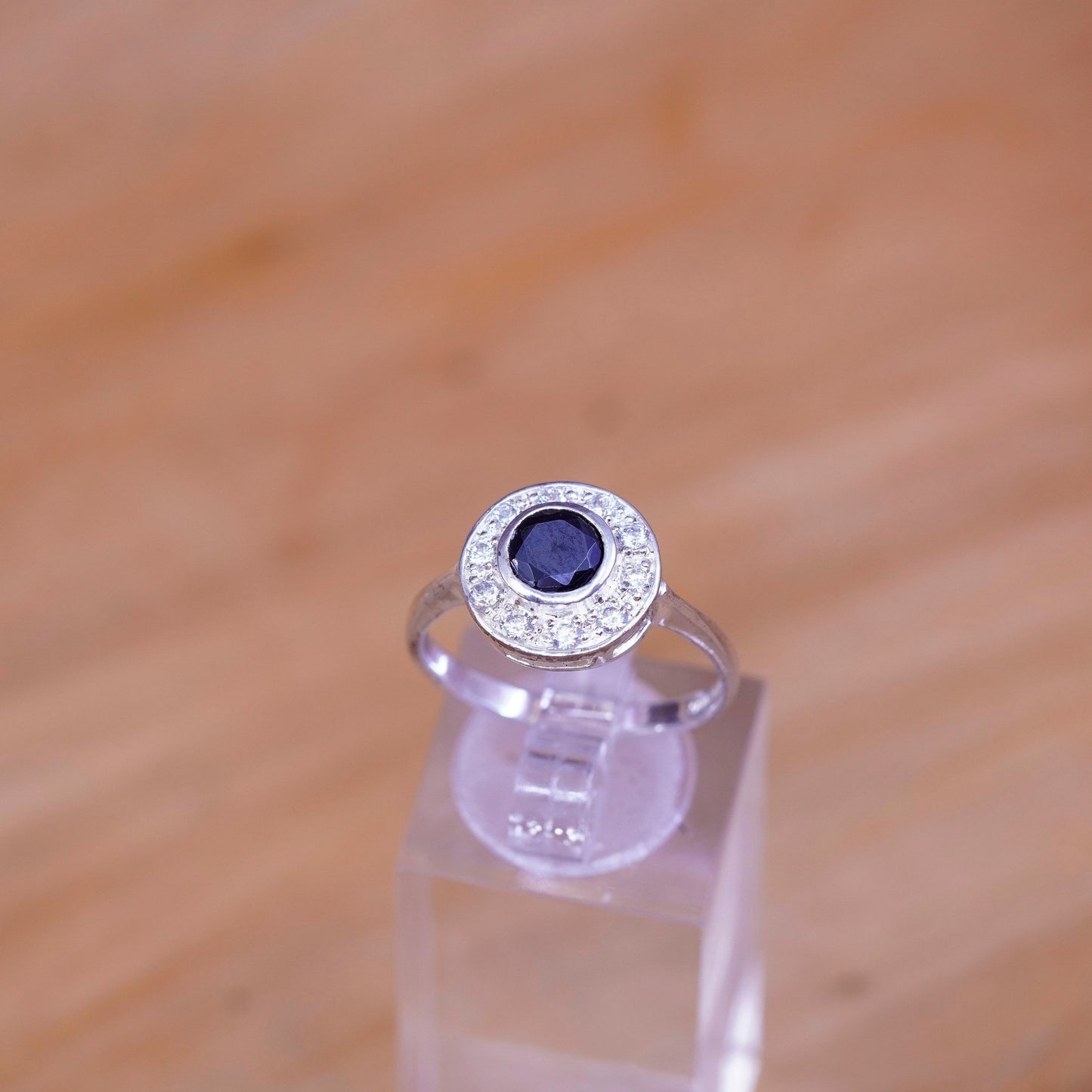 Size 8, Sterling 925 silver shiny engagement ring with sapphire and Cz around