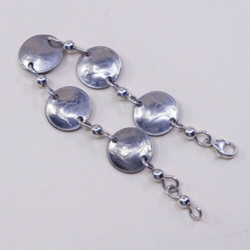 6.75”, Vtg Sterling 925 Silver Handmade Bracelet, Canada 10 Cents Coin Link