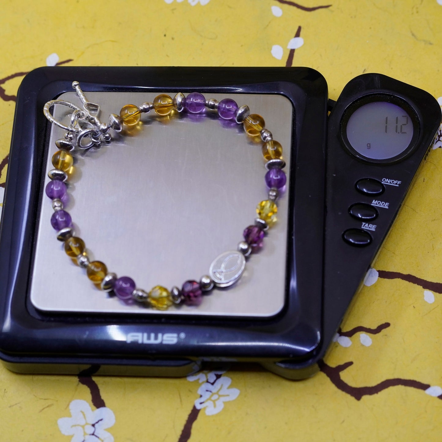 8”, Sterling silver handmade amethyst citrine beads bracelet with “Jesus” charm