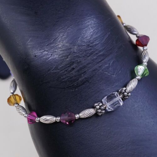 6.5”, Vtg Sterling Silver Handmade Bracelet, 925 Silver Toggle W/ Crystal Beads