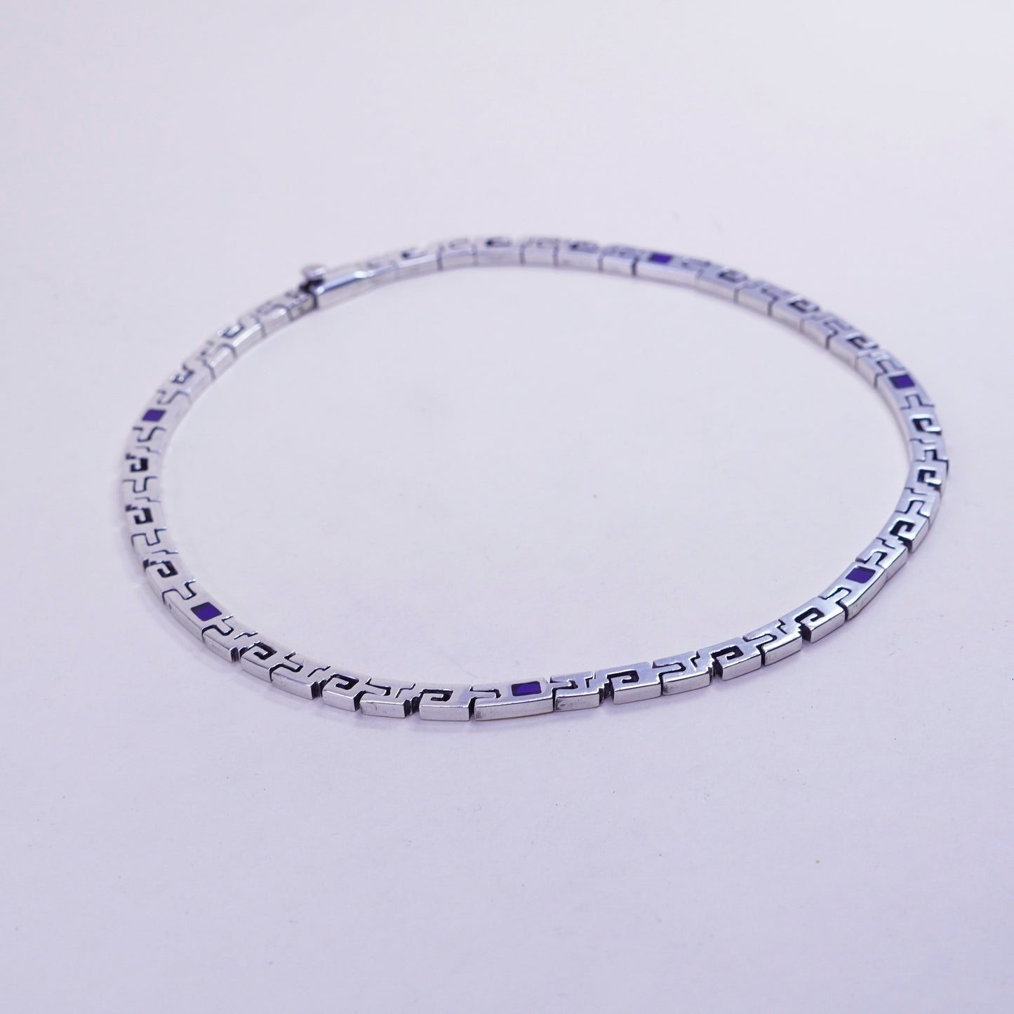 17”, vintage Mexico sterling silver necklace, men 925 S link chain blue enamel