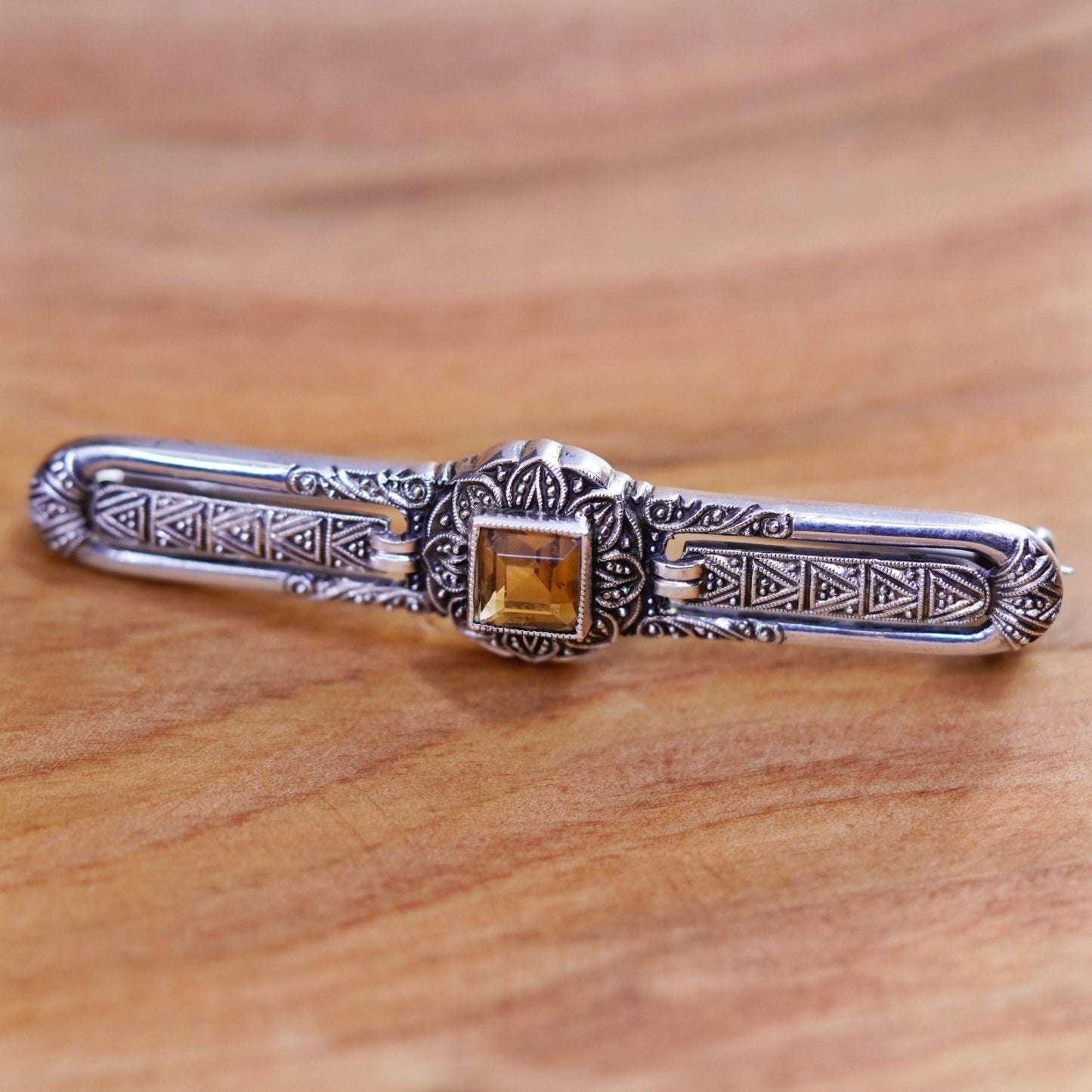 Vintage antique Art Deco handmade sterling 925 silver long brooch with citrine