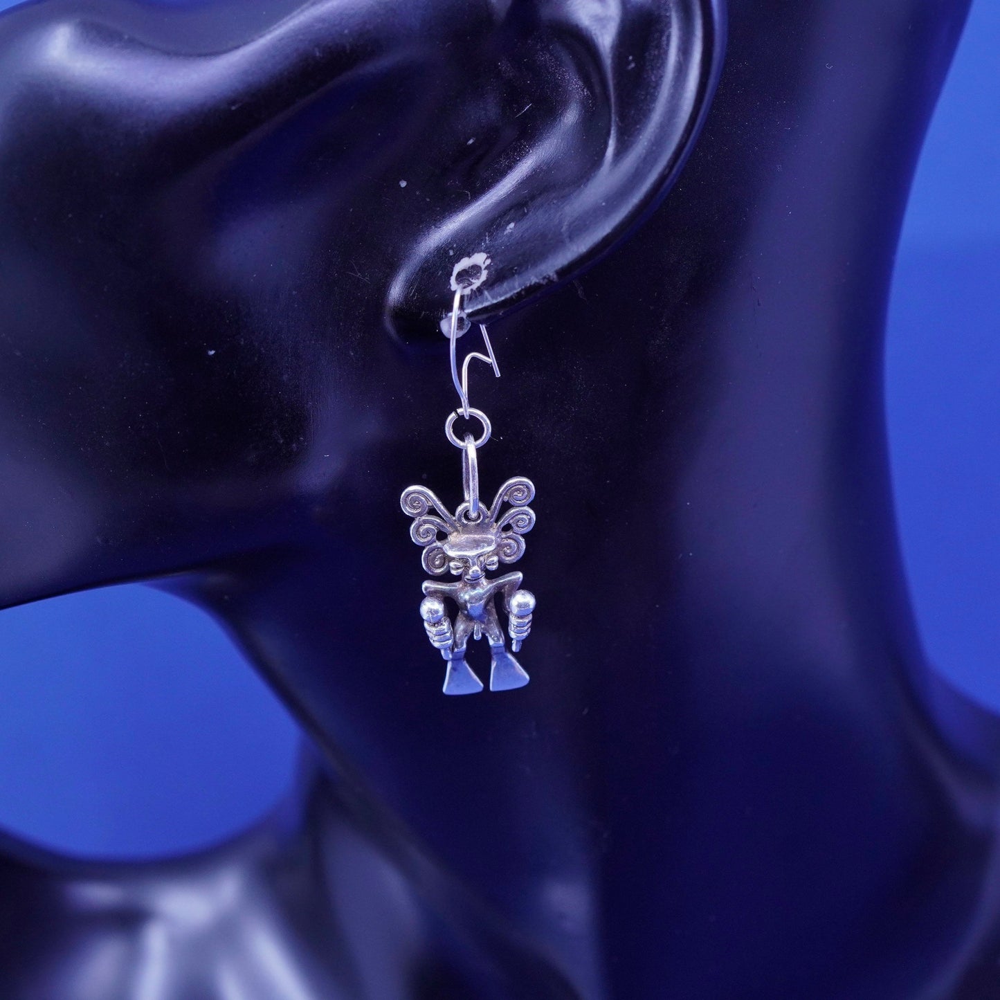 Vintage sterling silver handmade earrings, 950 filigree Peruvian god Incas