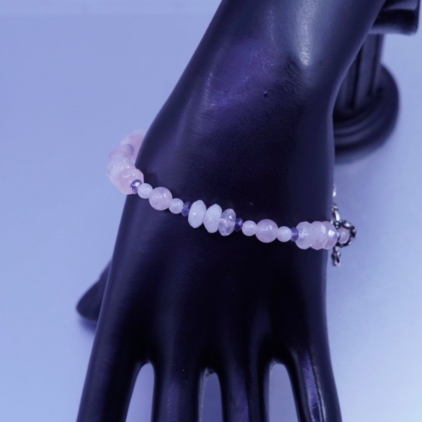 7”, vintage Sterling 925 silver handmade bracelet with pink crystal beads