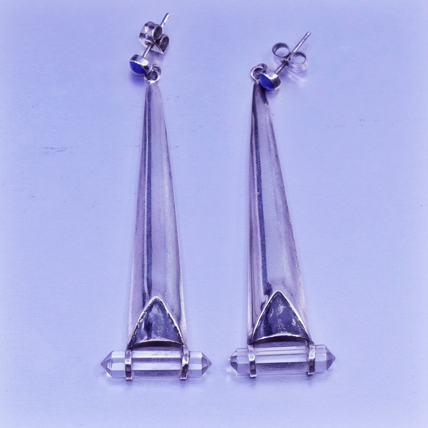 Vintage Sterling 925 silver long teardrop earrings healing crystal lapis lazuli