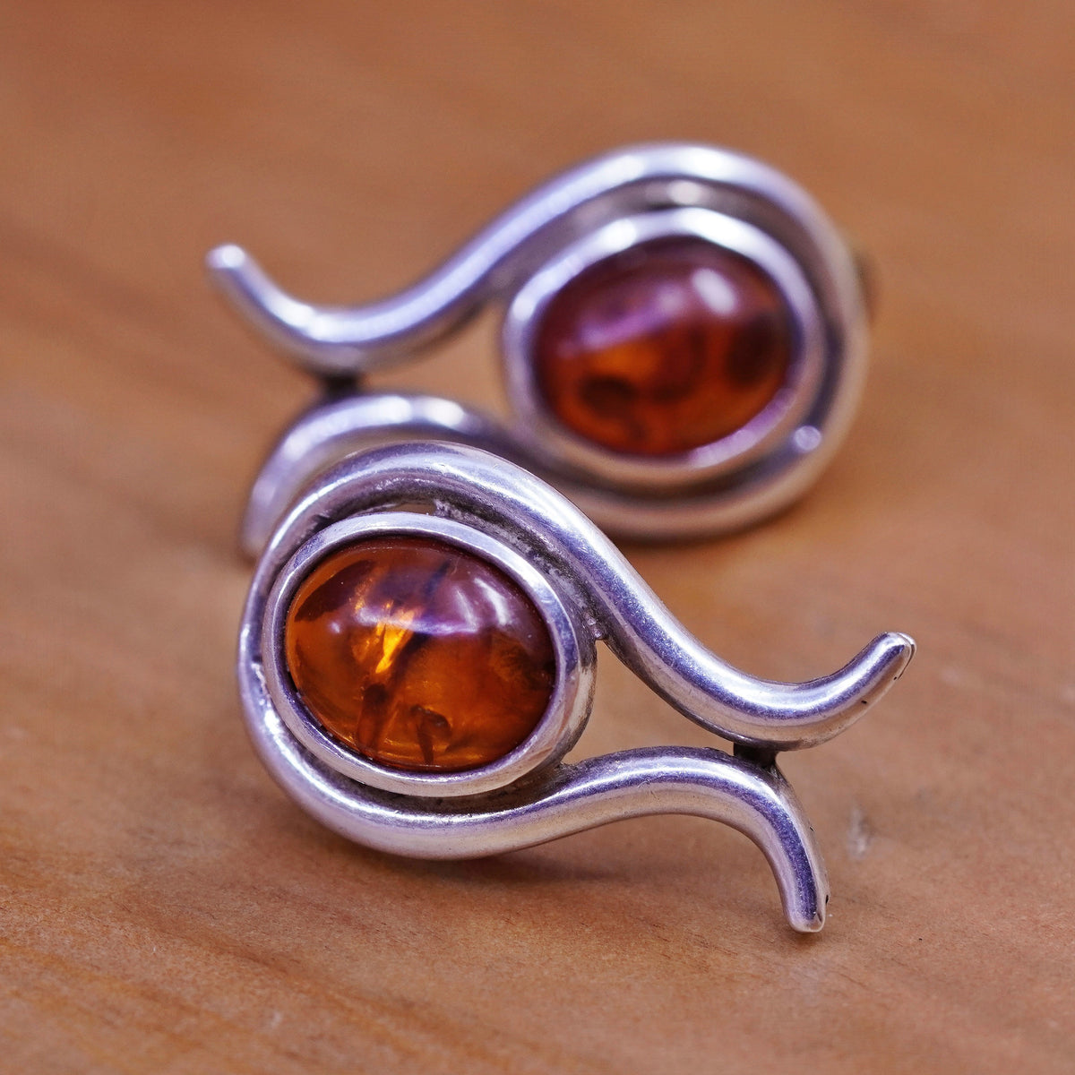 Vintage Sterling Silver Handmade earrings, 925 studs with amber, modernist
