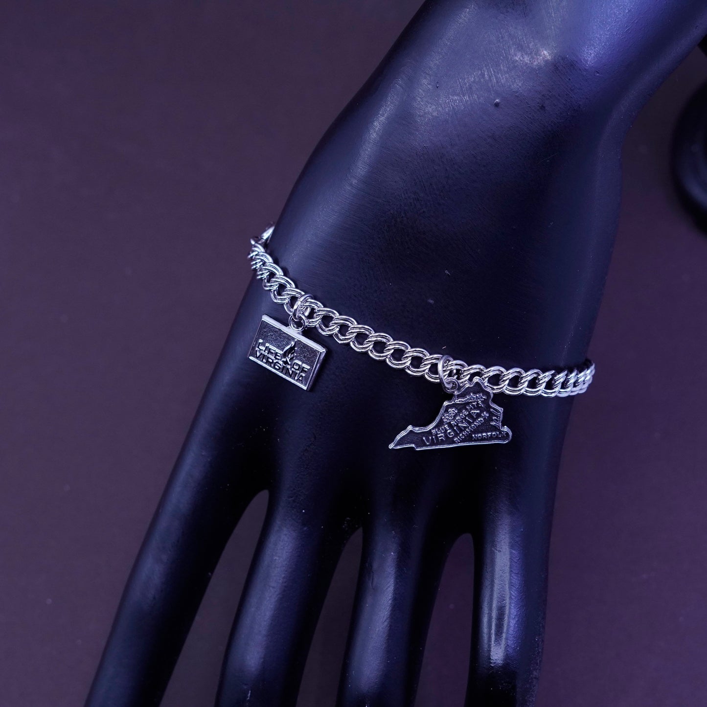 7.25”, vtg Sterling silver double curb chain, 925 bracelet w/ Virginia charms