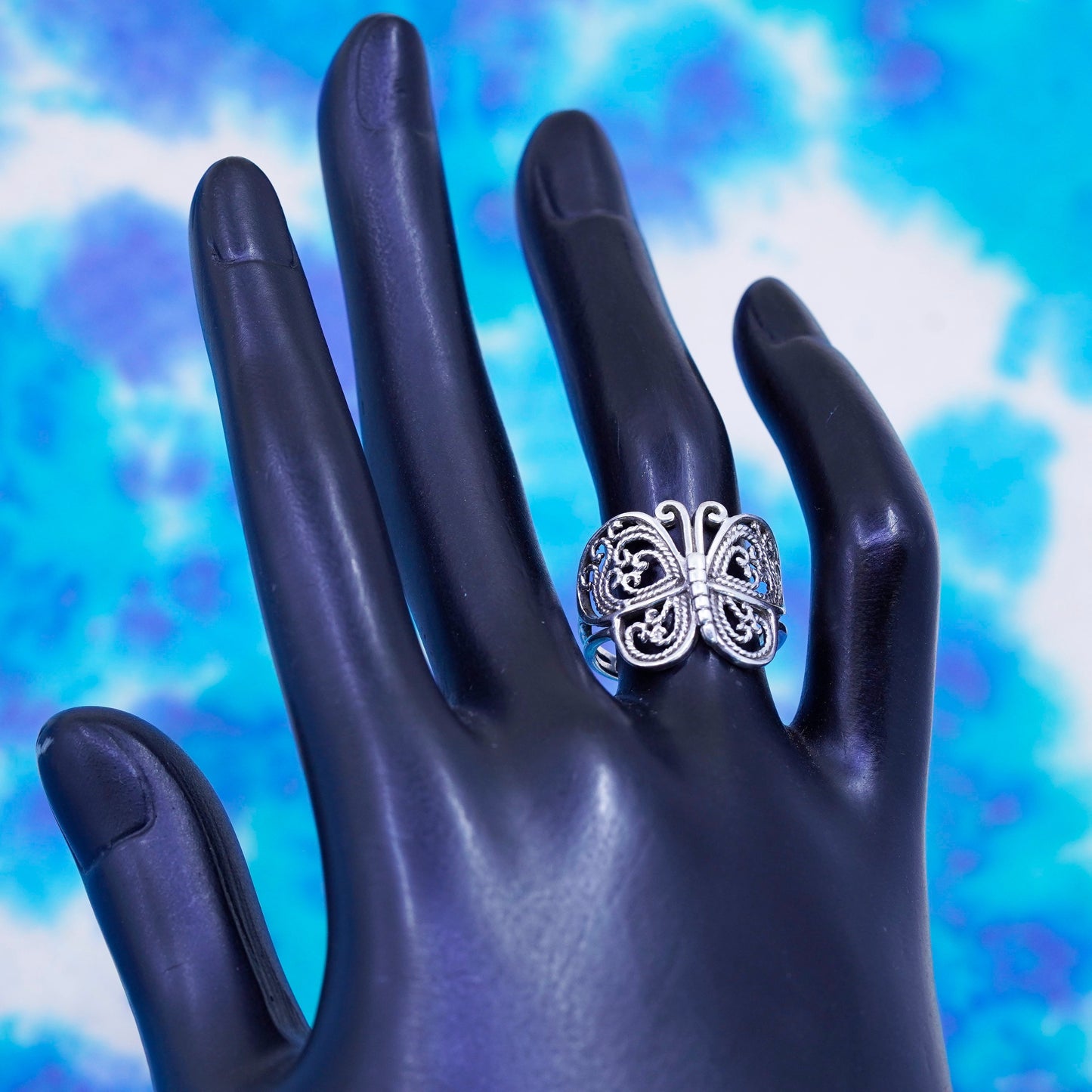 Size 6.5, vintage sterling silver handmade ring, 925 filigree butterfly band