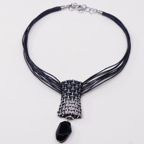 14”+2”, Vtg Mexico Handmade Sterling 925 Silver Pendant W/ Black Leather Chain