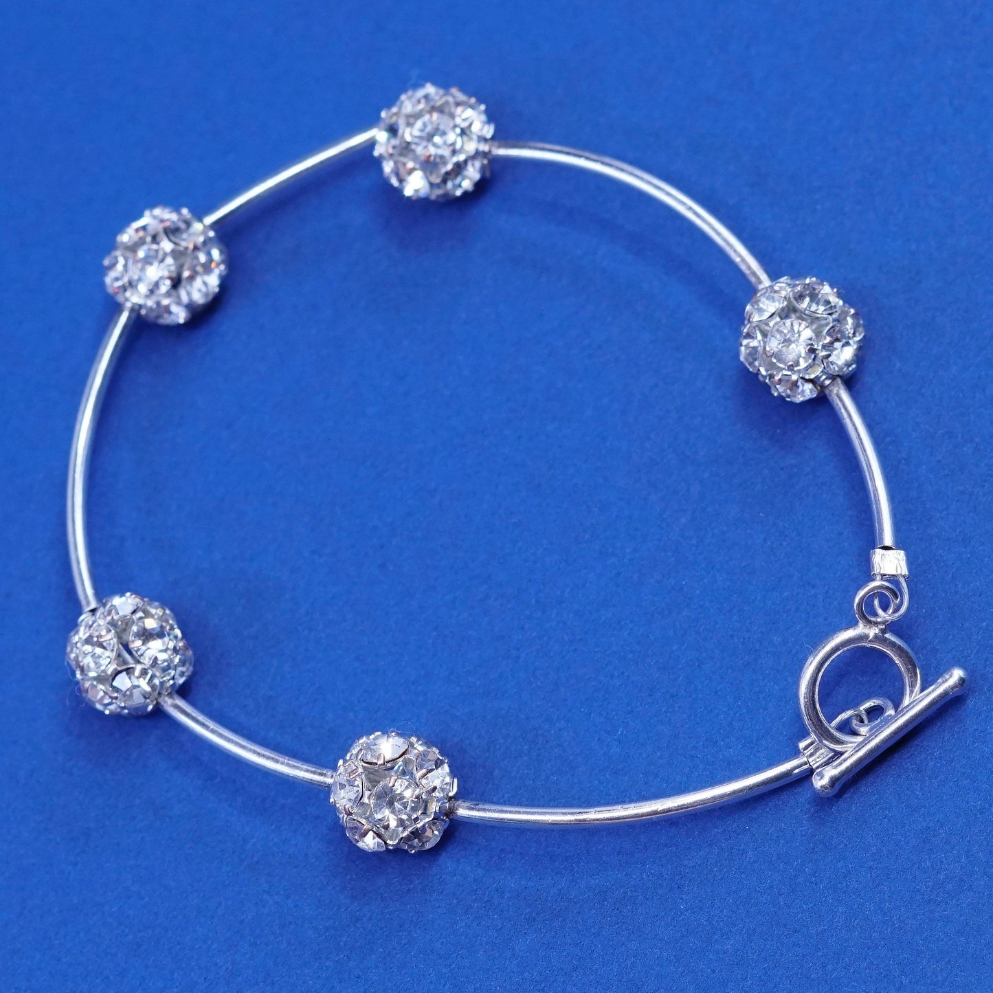 6.5”, Sterling silver handmade bracelet, 925 bar with cluster Cz beads