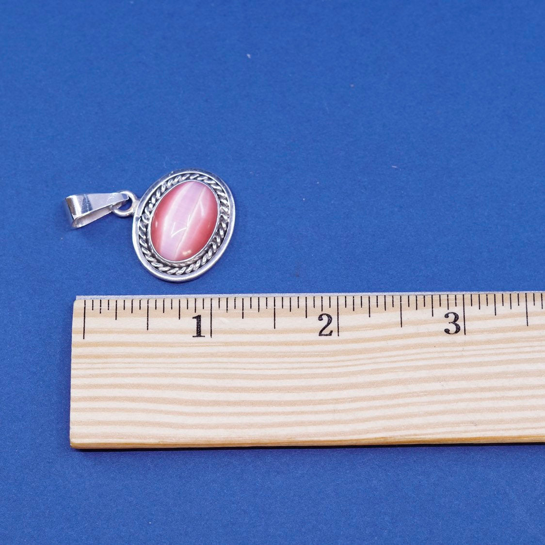 vtg Sterling silver handmade pendant, 925 charm w/ oval pink tiger eye N cable