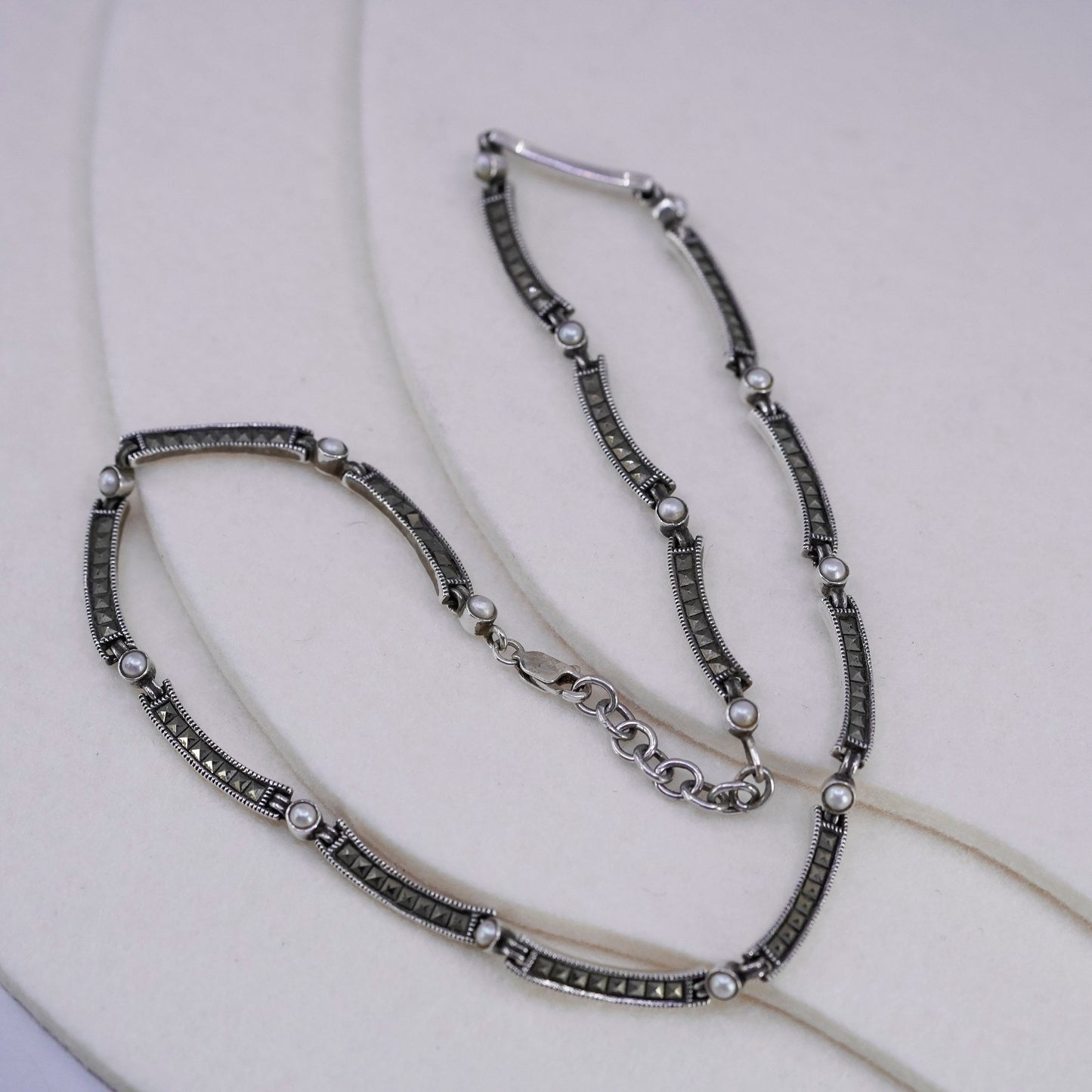 16+1.5”, Judith Jack Sterling 925 silver bar chain tennis necklace Marcasite