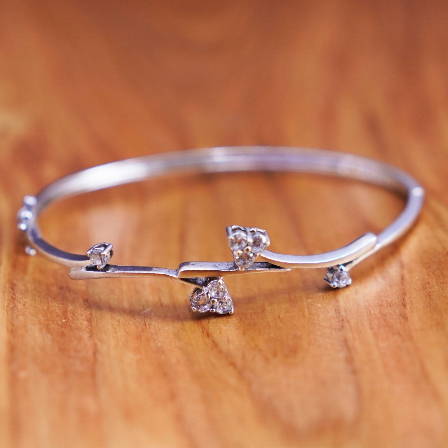 6.5”, antique sterling silver handmade bracelet, 925 wavy bangle with cz