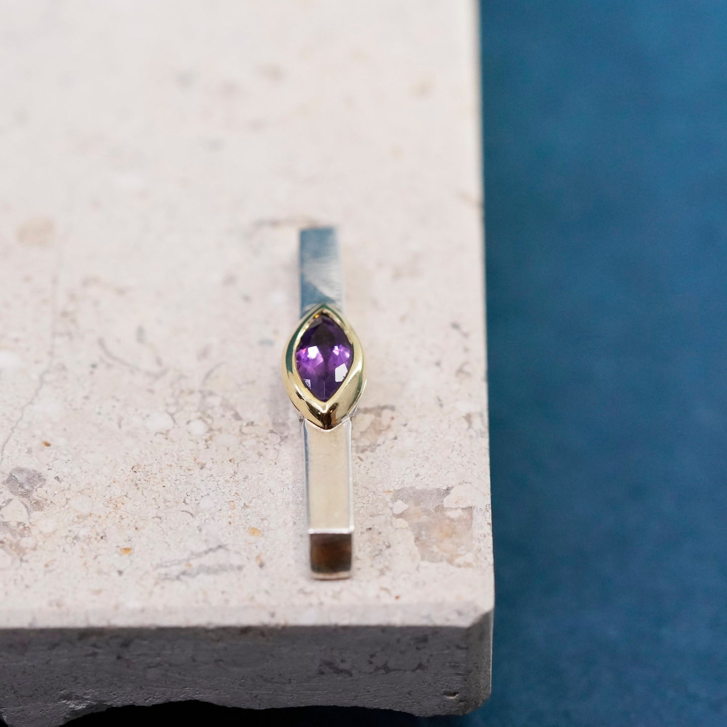 Movado 18K gold accent, sterling 925 silver handmade bar pendant with amethyst