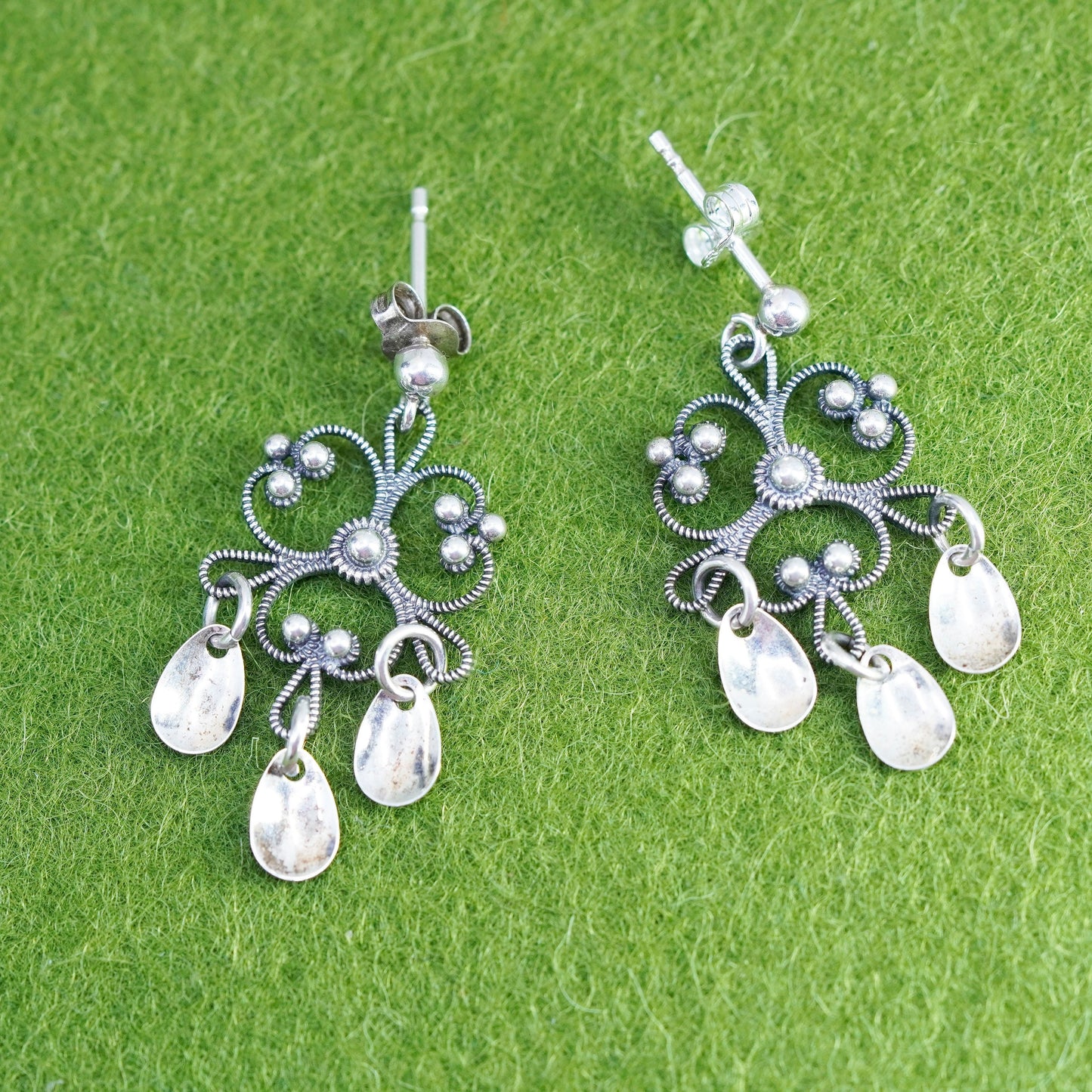 Vintage sterling silver handmade earrings, filigree 925 clover teardrop dangles