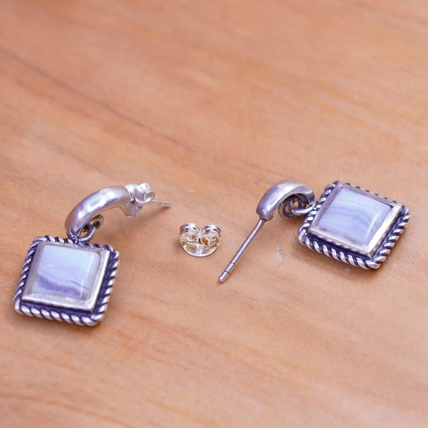 Vintage Sterling silver handmade earrings, 925 Huggie studs lace agate cable