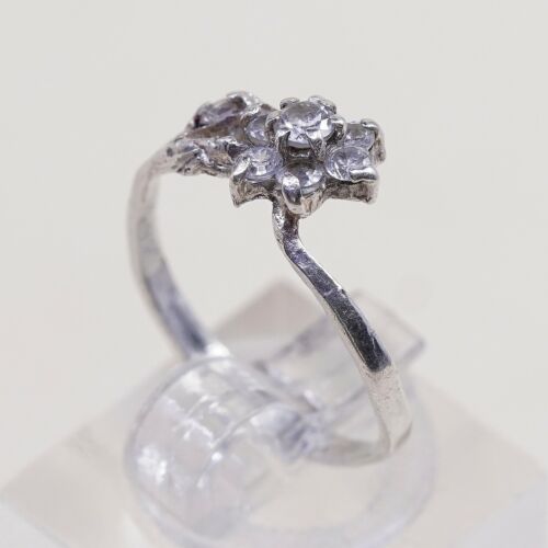 Sz 6, vintage Sterling Ring, 925 Silver flower W/ cluster Crystal