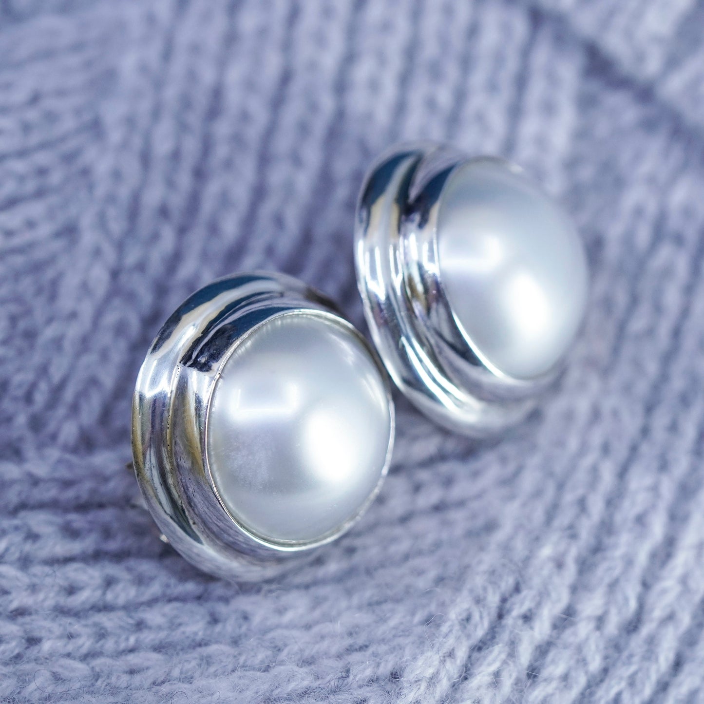 Vintage sterling silver handmade earrings, 925 round studs with pearl