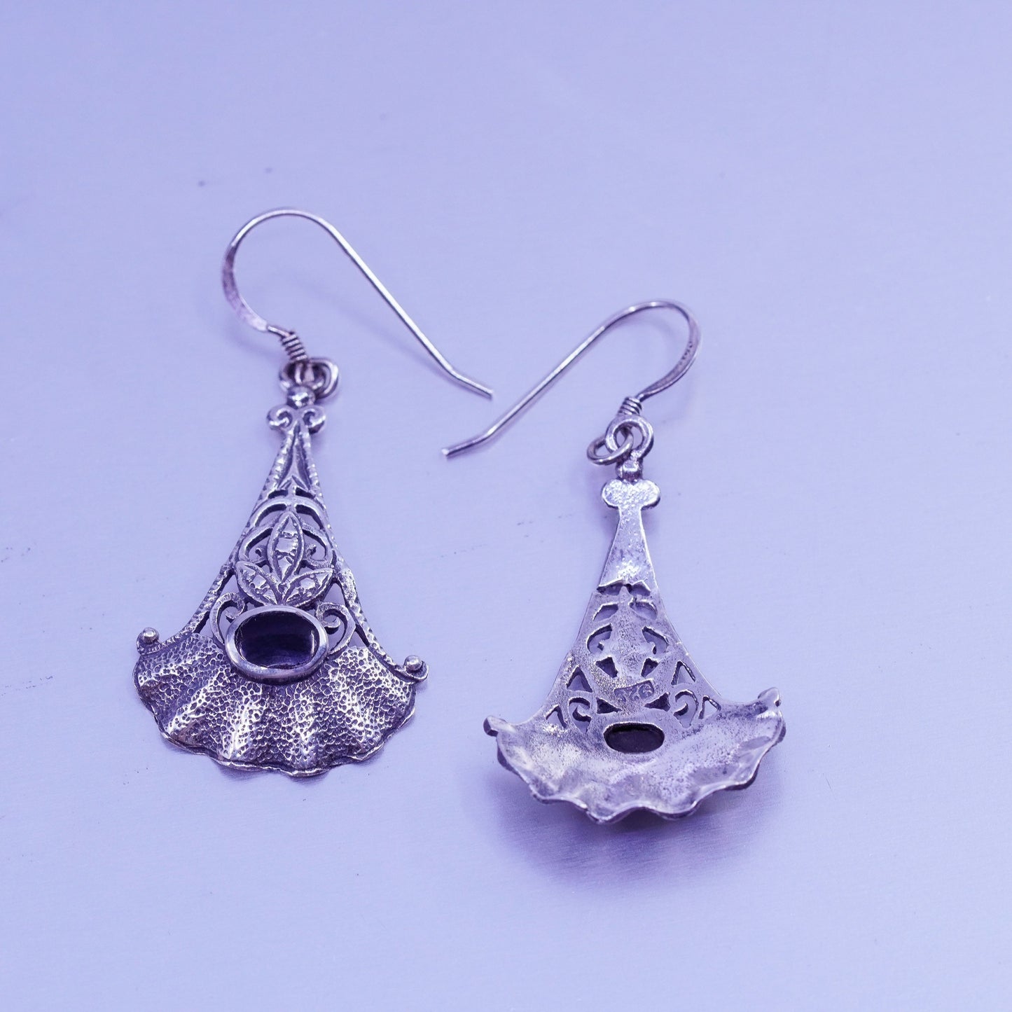 Vintage Sterling 925 silver handmade textured earrings with obsidian