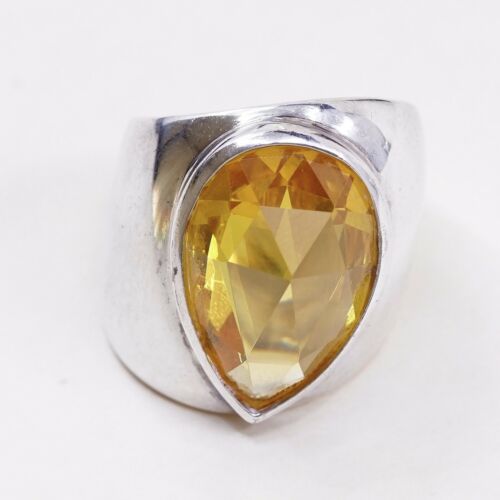 Sz 6.5, Vtg Sterling Silver handmade Ring, 925 Cocktail Ring W/ Teardrop citrine