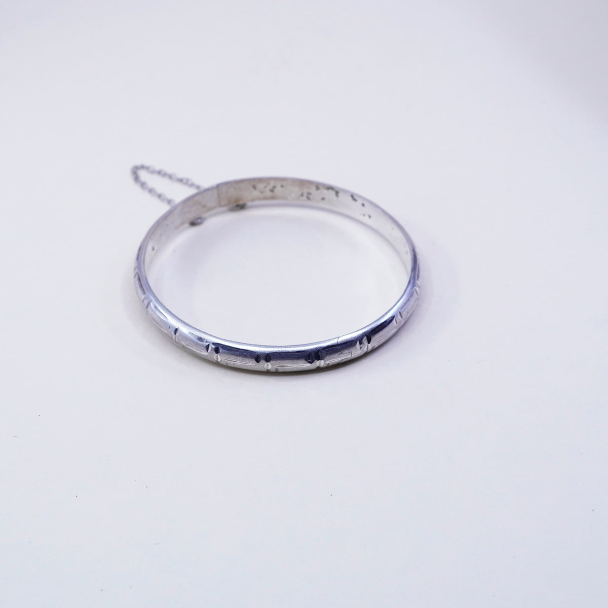 7.5”, sterling silver bracelet, Matt textured 925 hinged bangle N secure chain