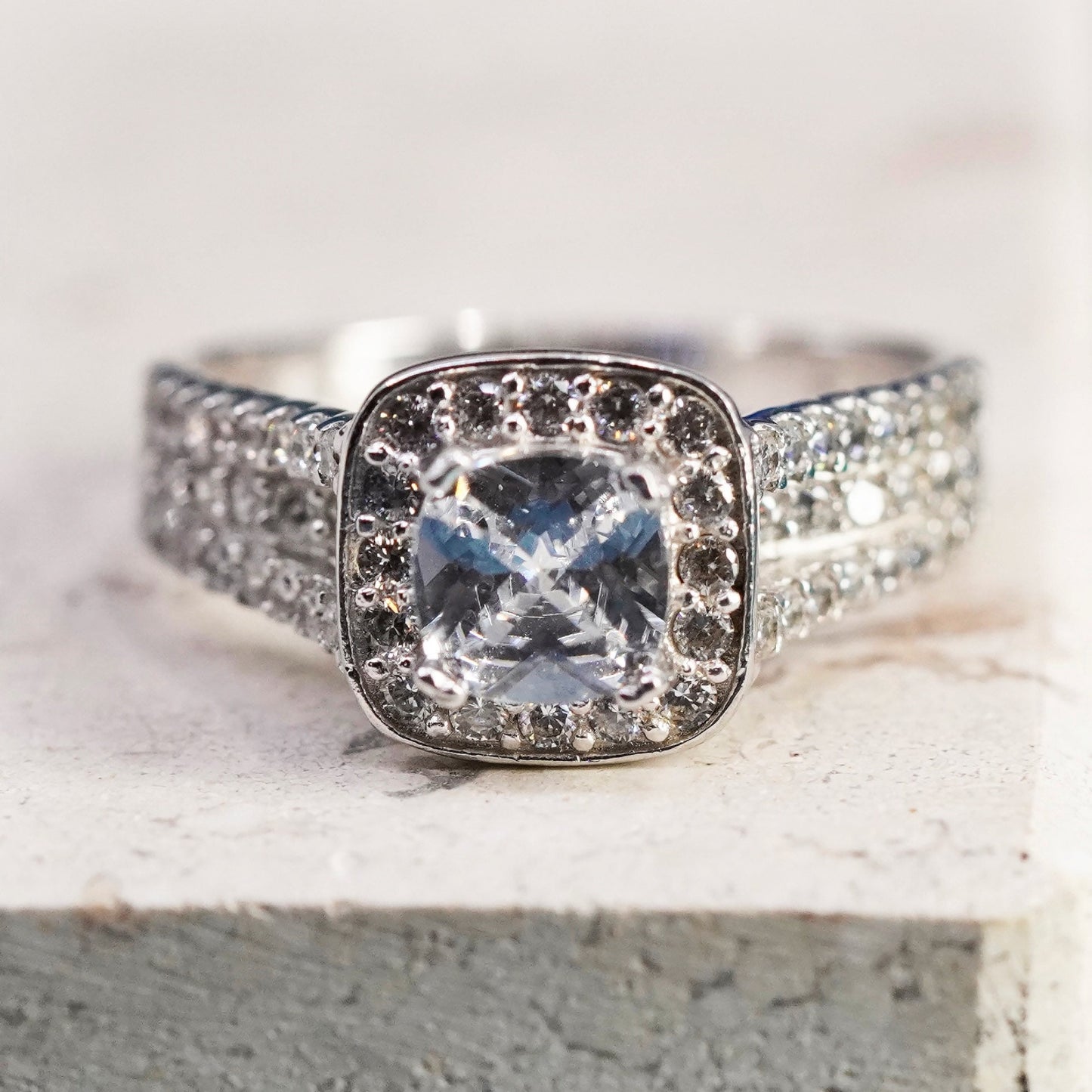 Size 7.5, vintage Sterling 925 silver engagement anniversary ring w/ cluster Cz