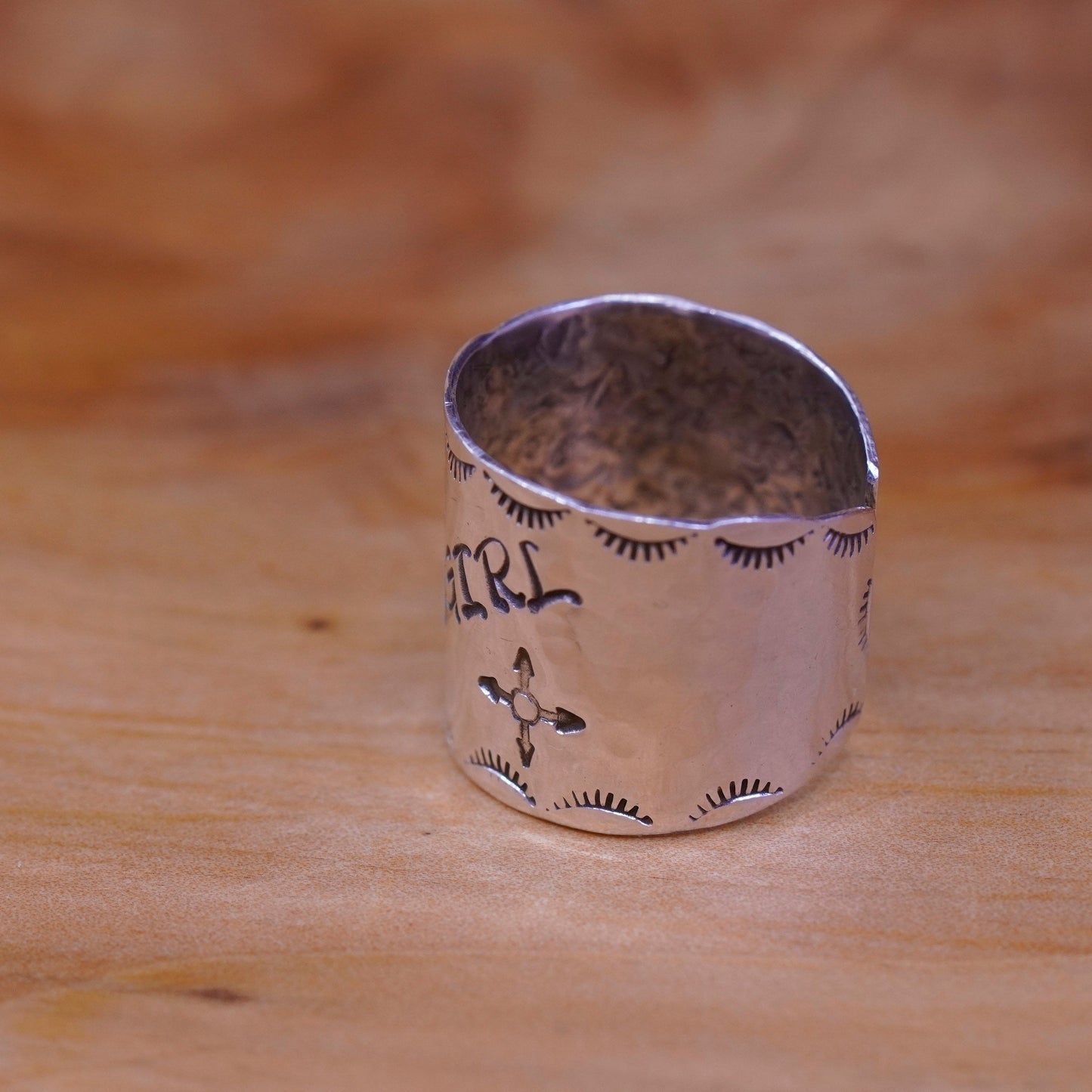 Size 7, Navajo Sterling silver handmade ring, wide 925 band “steel cowgirl”
