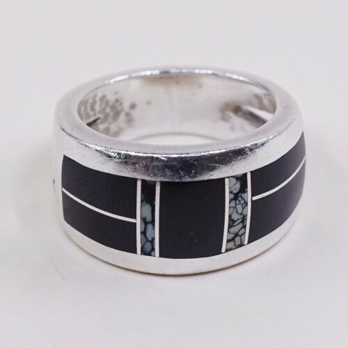 Sz 6.25, Zuni Sterling Silver Handmade Ring, 925 Band W/ Obsidian N Turquoise