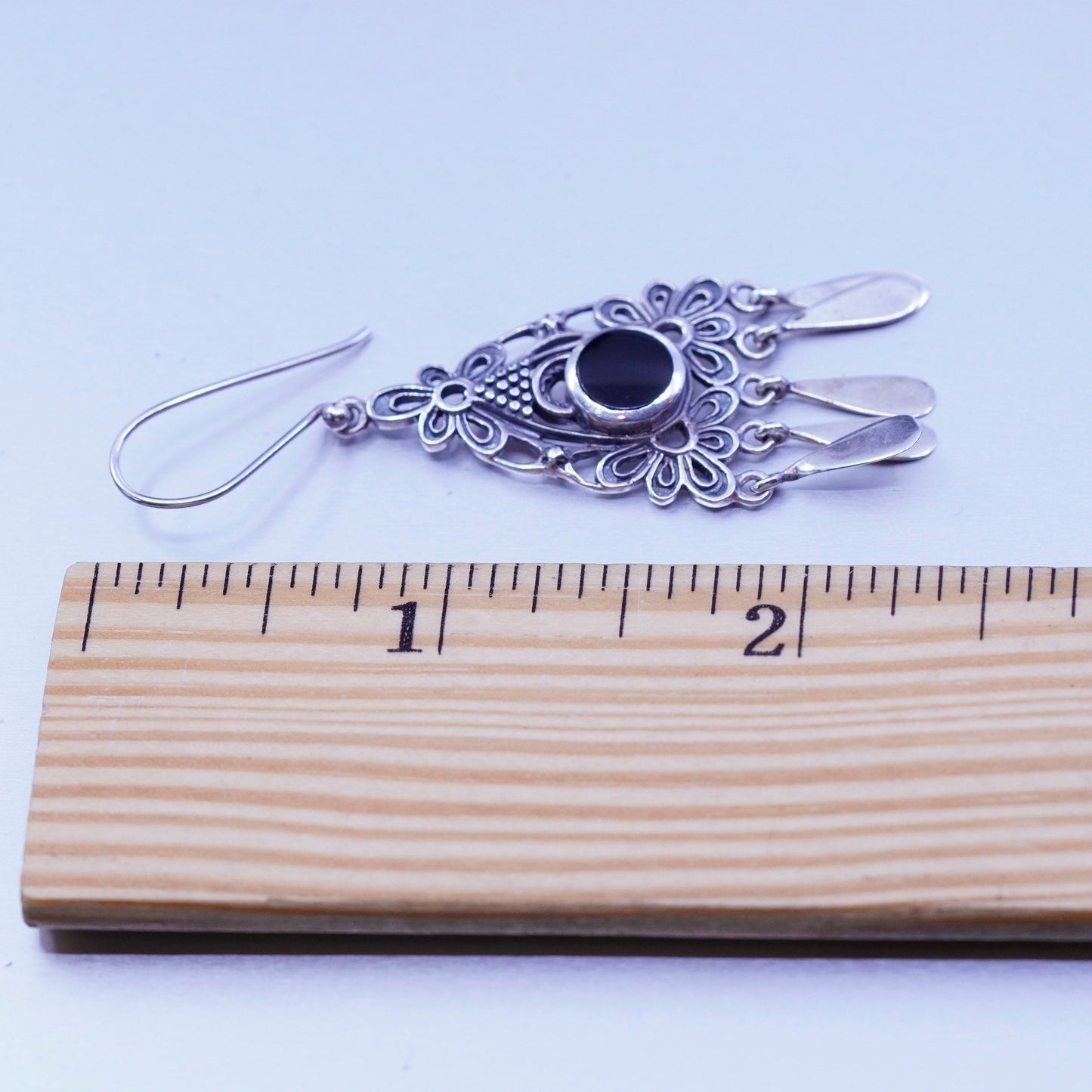 Vintage Sterling 925 silver filigree earrings with obsidian and teardrop fringe