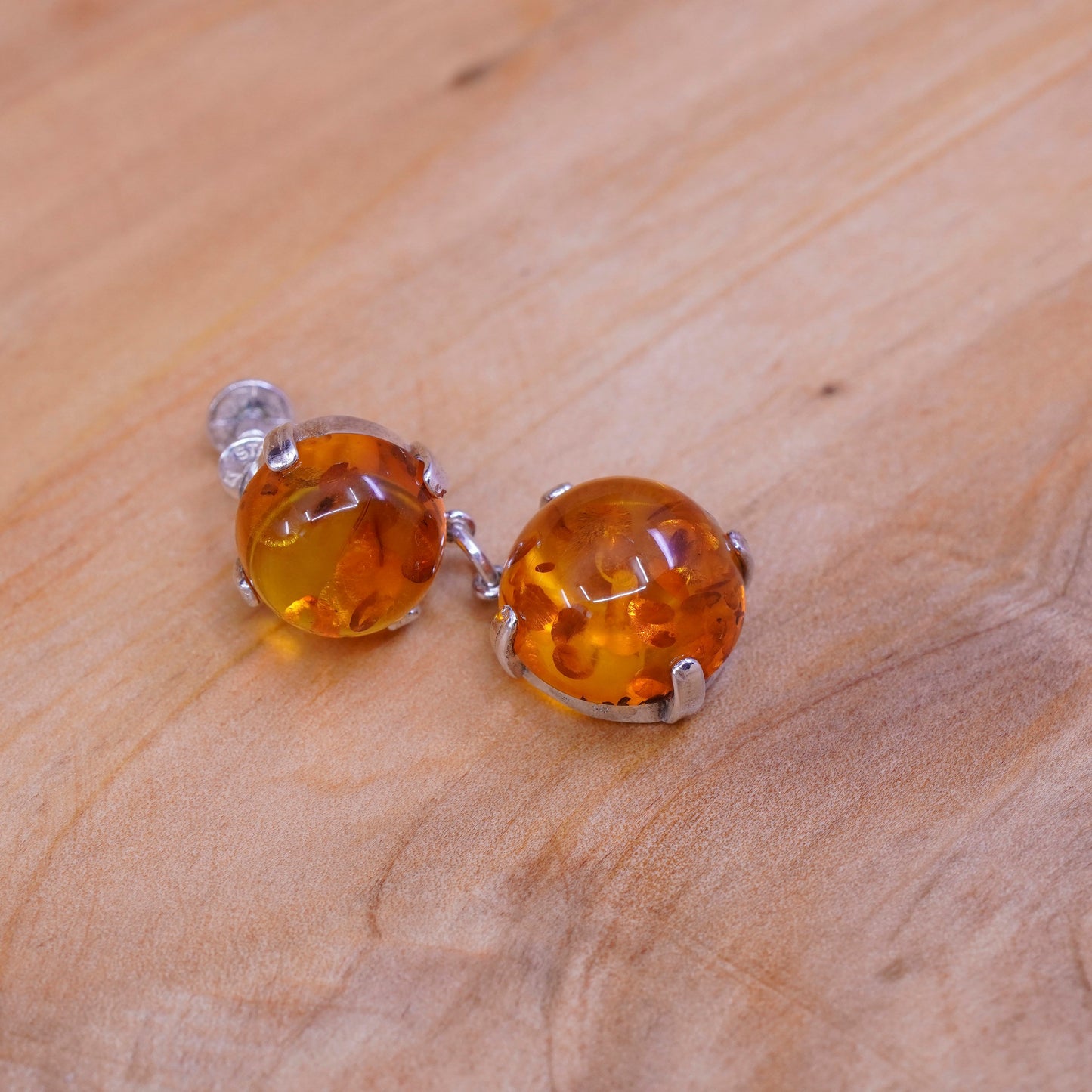 Vintage Sterling 925 silver screw back handmade earrings with amber dangles