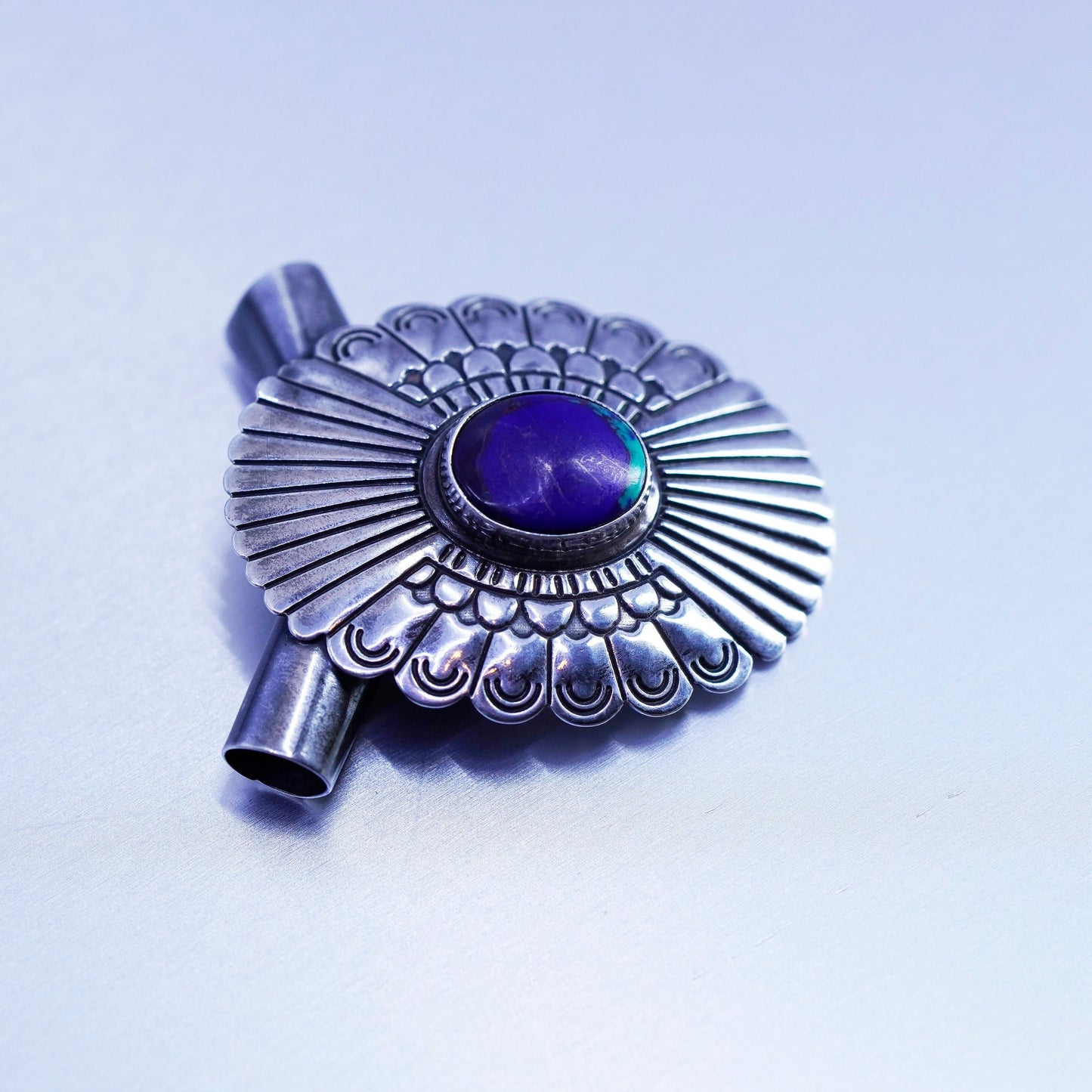 antique Native American sterling 925 silver handmade oval pendant with azurite