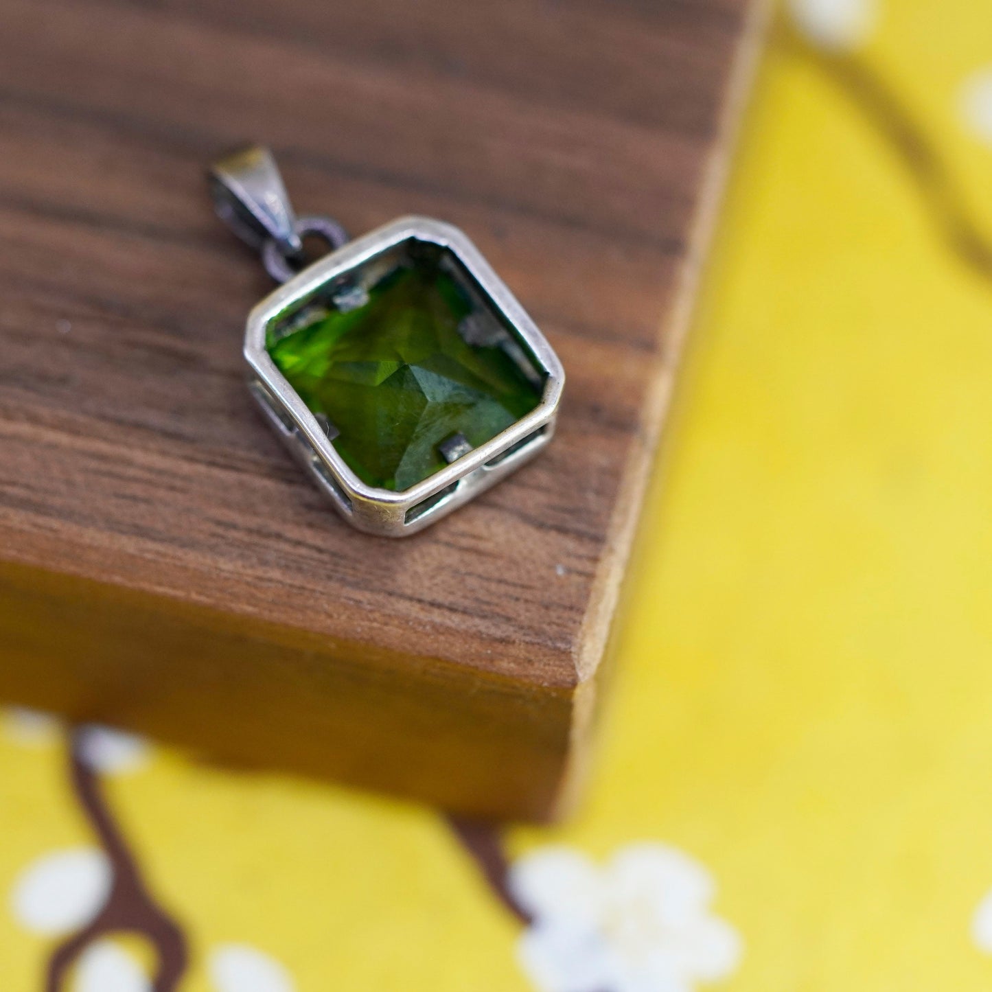 Vintage Sterling silver handmade pendant, 925 square with green crystal