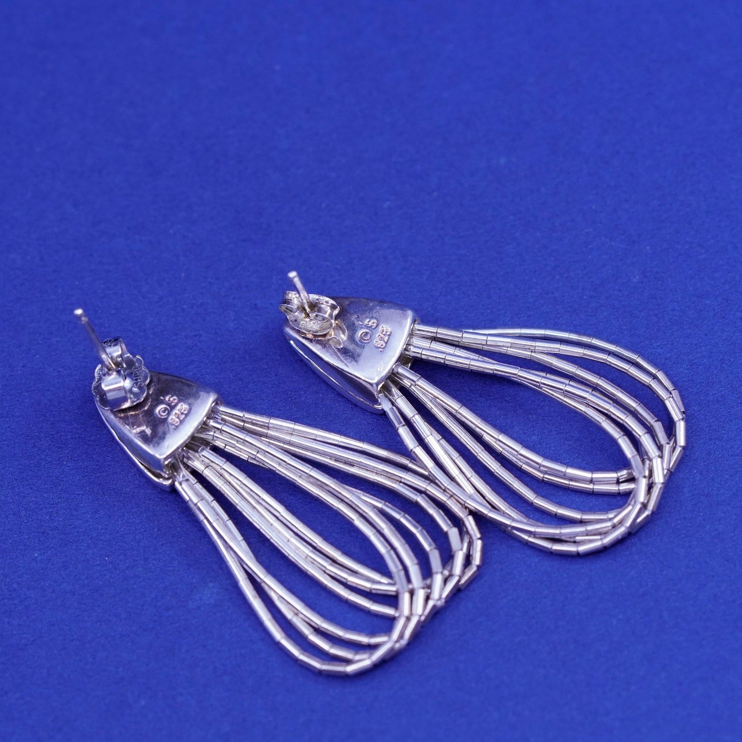 Vintage Shube sterling swirly relief earrings, 925 liquid silver fringe dangles
