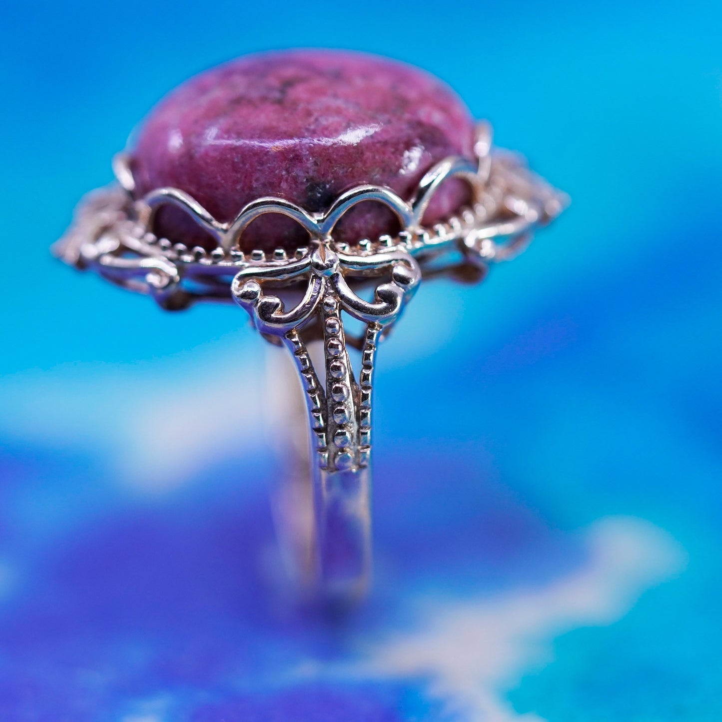 Size 7.25 vintage vermeil rose gold sterling silver filigree ring pink jasper
