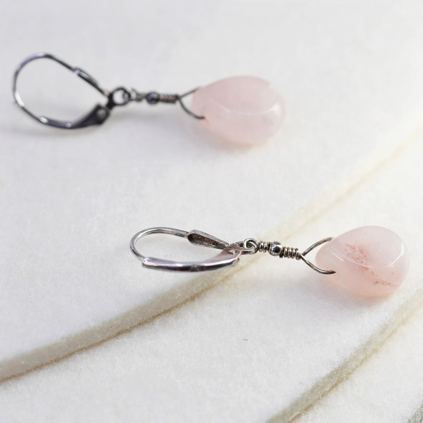 Vintage Sterling 925 silver handmade earrings with teardrop pink rose quartz