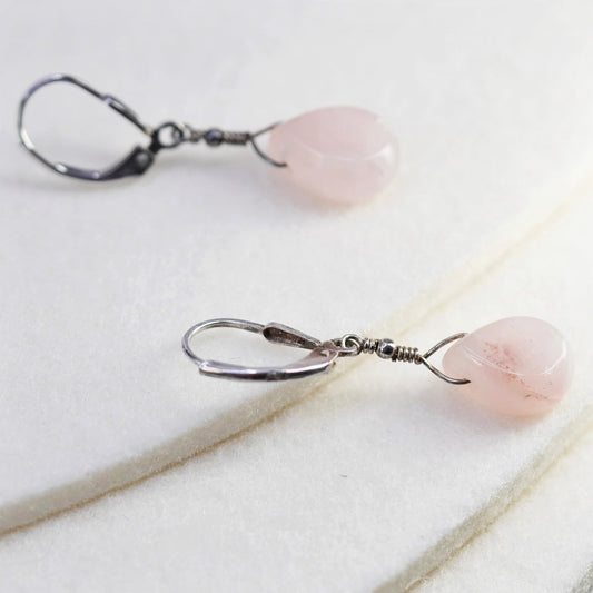 Vintage Sterling 925 silver handmade earrings with teardrop pink rose quartz