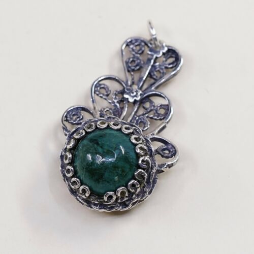 Vtg Filigree Sterling Silver Handmade Pendant W/ Turquoise Bead