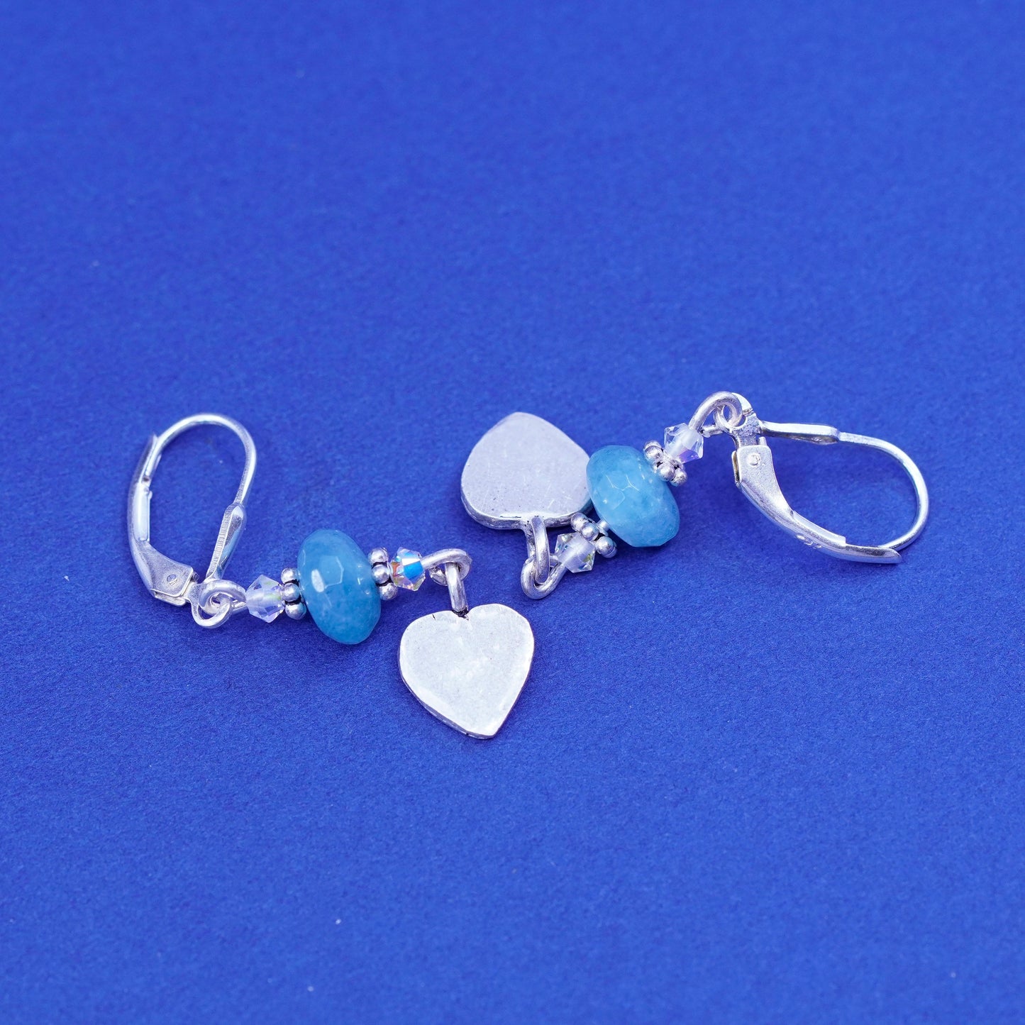 Vintage Sterling silver handmade earrings, 925 heart with jade beads