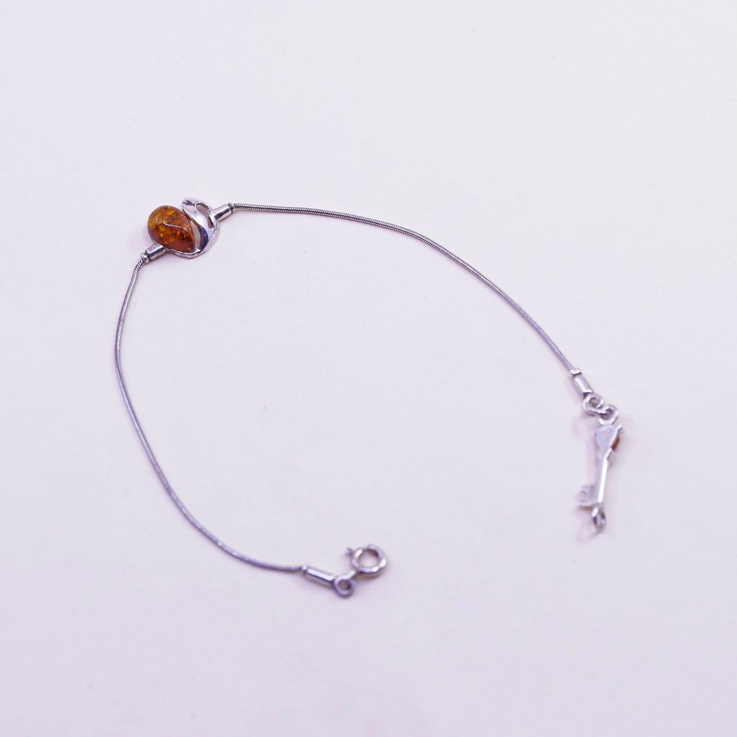 7.25”, Vintage sterling 925 silver handmade bracelet with amber heart and key