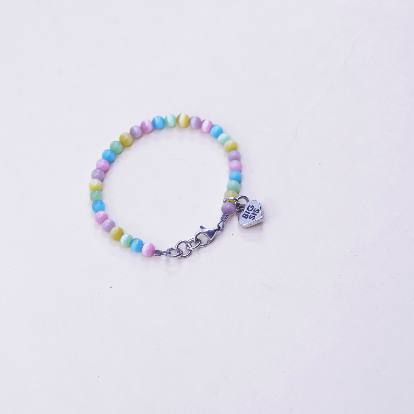 5.5”, sterling 925 silver handmade bracelet, colorful tiger eye heart charm