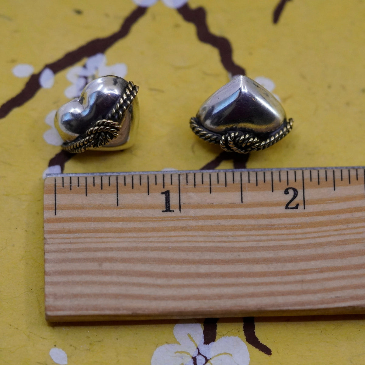 Two Tone Sterling silver handmade earrings, mexico 925 heart studs brass cable