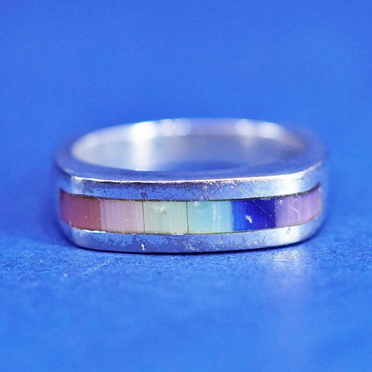 Size 6.25, vintage Sterling 925 Silver rainbow cats eye stackable Band Ring