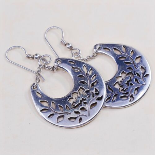 Vintage Sterling Silver Handmade Earrings, 925 Flower Leaves Cut Out Dangles